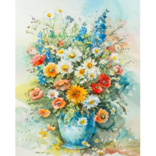 Pictura pe numere - Buchet delicat cu flori de vara intr-o vaza albastra