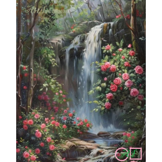 Goblen de diamante - Cascada unde infloresc trandafiri roz