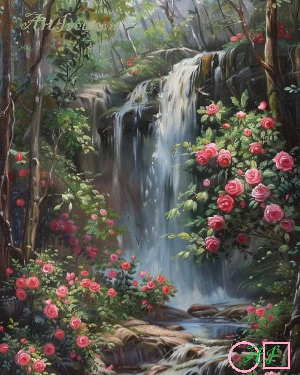 Goblen  de  diamante - Cascada unde infloresc trandafiri roz: Dimensiuni si tip - 25x20 cm Margele Patrate