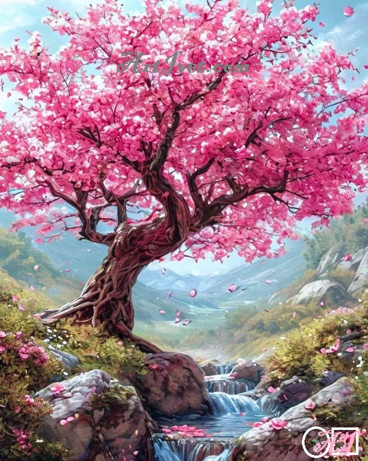 Goblen  de  diamante - Copacul dorintelor langa paraul fermecat: Dimensiuni si tip - 25x20 cm Margele Patrate