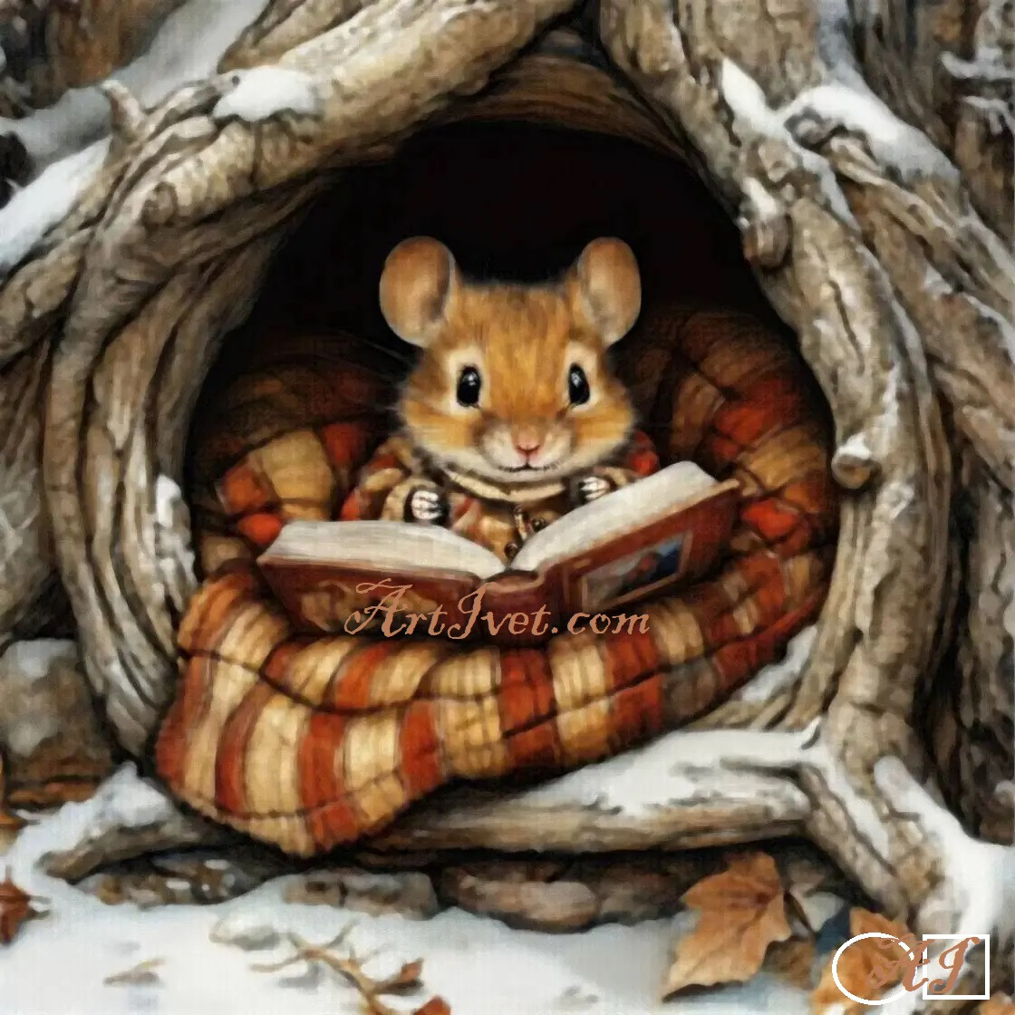 Goblen de diamante - Soricelul cititor: Dimensiuni si tip - 20x20 cm Margele Rotunde