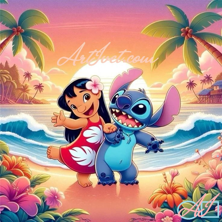 Goblen  de  diamante - Lilo si Stitch: Dimensiuni si tip - 25x25 cm Margele Patrate