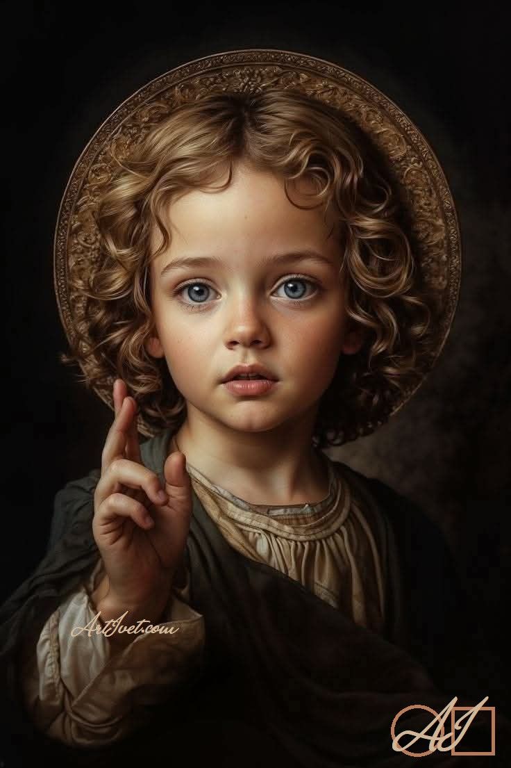 Goblen  de  diamante - Icoana micul Iisus: Dimensiuni si tip - 30x20 cm Margele Patrate