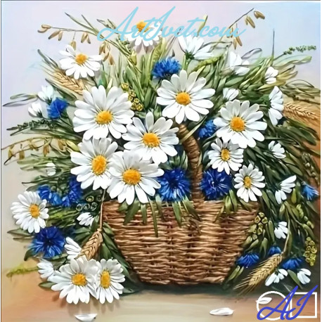 Goblen de diamante - Buchet de pe camp - Cosulet cu margarete si albastrele