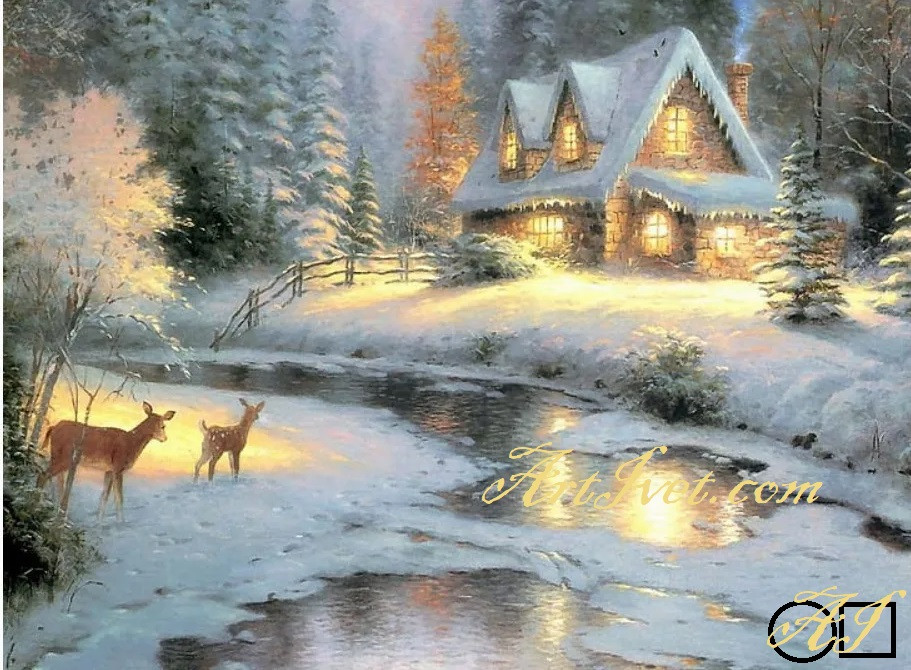 Goblen  de  diamante - Noaptea cu viscole si fulgi de nea: Dimensiuni si tip - 40x30 cm Margele Patrate