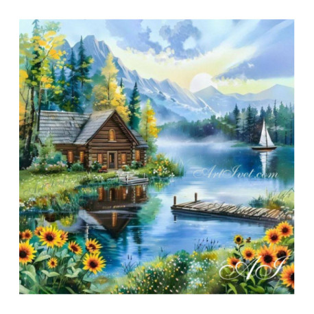 Pictura pe numere - Vila de langa raul din munti 40х40 сm