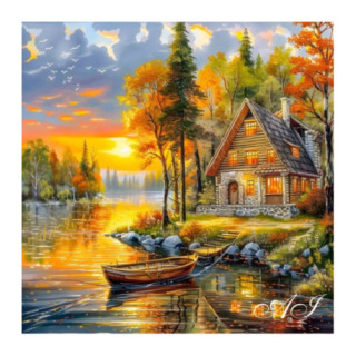Pictura pe numere - Apus aurit peste casa pescarului 40х40 сm