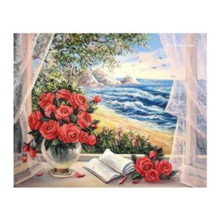 Pictura pe numere - Fereastra cu trandafiri pe malul marii