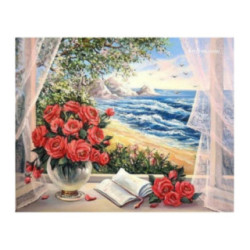 Pictura pe numere - Fereastra cu trandafiri pe malul marii