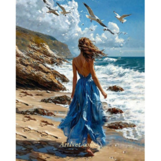 Pictura pe numere - Doamna in rochie albastra pe malul stancos