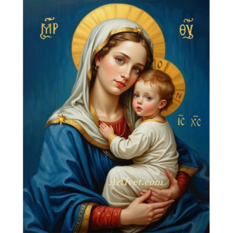 Pictura pe numere - Fecioara cu pruncul - Caldura albastra