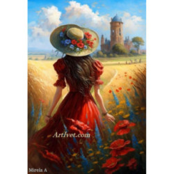 Pictura pe numere - Fata in rochie rosie printre grau