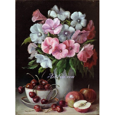 Pictura pe numere - Flori gingase in roz, cirese si mere