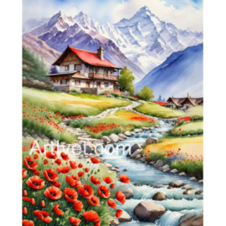 Pictura pe numere - Macii langa casa de pe coasta muntilor