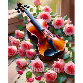 Pictura pe numere - Vioara si trandafiri roz