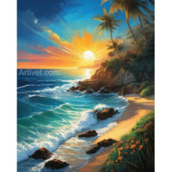Pictura pe numere - Rasarit de soare peste valuri