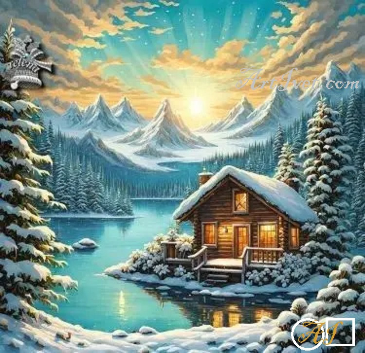 Goblen  de  diamante - Cabana pe malul lacului inzapezit: Dimensiuni si tip - 40x40 cm Margele Rotunde (Circulare)