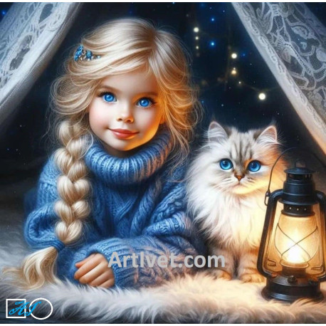 Goblen de diamante - Fetita si pisica - Prieteni cu ochi albastri