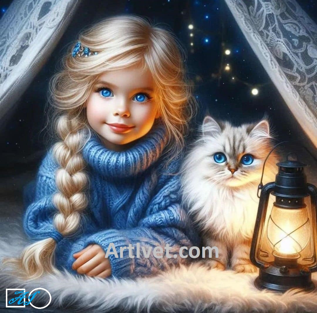 Goblen  de  diamante - Fetita si pisica - Prieteni cu ochi albastri: Dimensiuni si tip - 30x30 cm Margele Rotunde (Circulare)