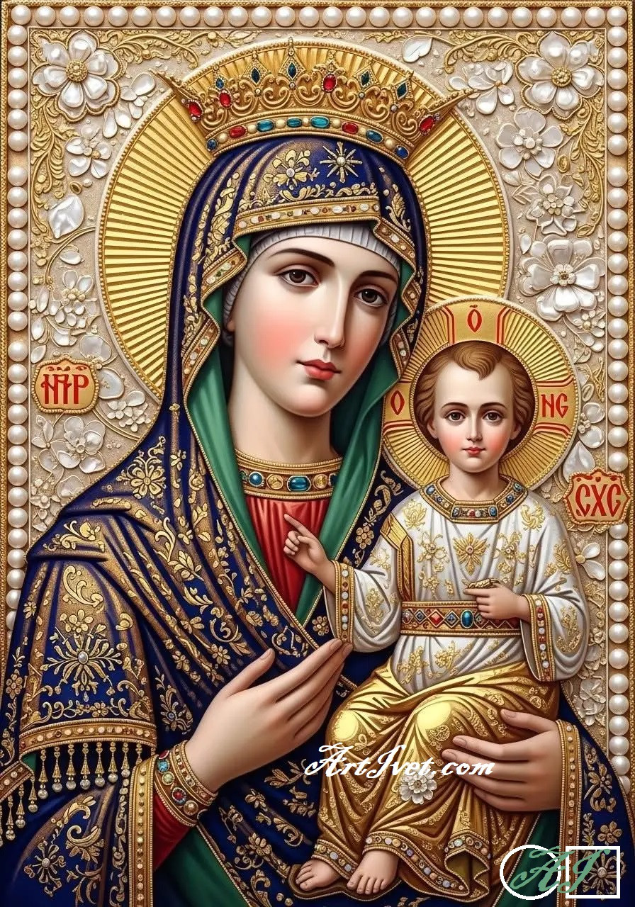 Goblen  de  diamante - Fecioara cu pruncul - Regina Reginelor: Dimensiuni si tip - 28x20 cm Margele Rotunde