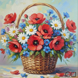 Goblen de diamante - Cos cu flori - Farmecul macilor