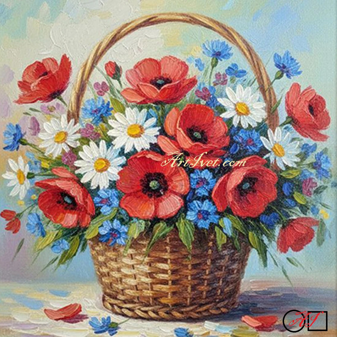 Goblen de diamante - Cos cu flori - Farmecul macilor: Dimensiuni si tip - 30x30 cm Margele Rotunde (Circulare)