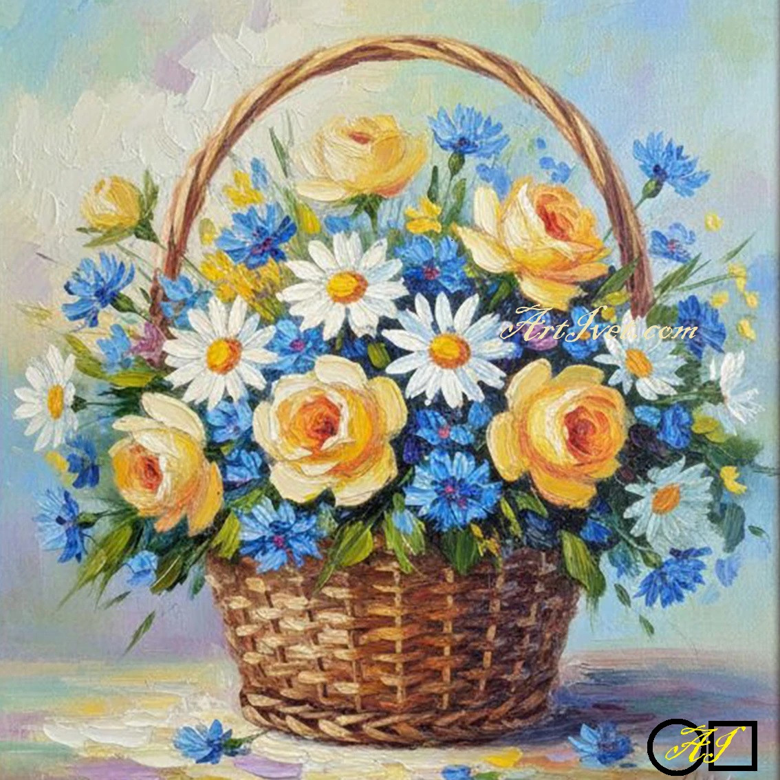 Goblen de diamante - Cos cu margarete, albastrele si trandafiri galbeni: Dimensiuni si tip - 30x30 cm Margele Rotunde (Circulare)