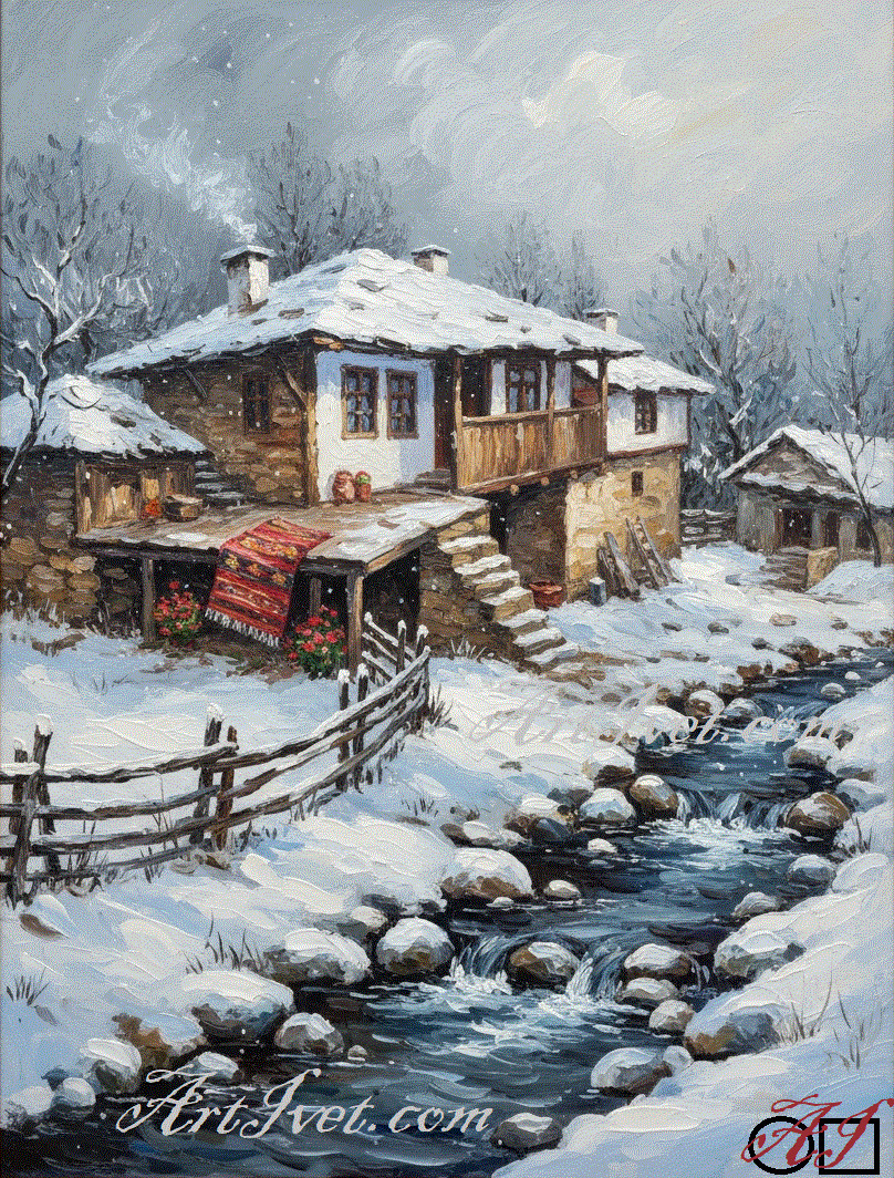 Goblen  de  diamante - Soapta raului iarna: Dimensiuni si tip - 40x30 cm Margele Rotunde (Circulare)