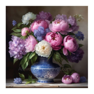 Pictura pe numere - Vaza cu bujori gingasi 40х40 сm