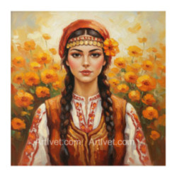 Pictura pe numere - Fata printre flori galbene 40х40 сm