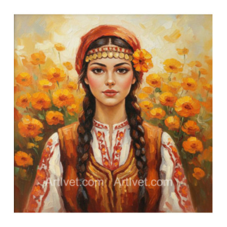 Pictura pe numere - Fata printre flori galbene 40х40 сm