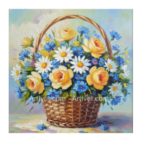 Pictura pe numere - Cos cu margarete, albastrele si trandafiri galbeni40х40 сm