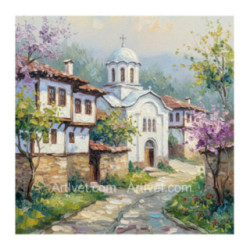 Pictura pe numere - Biserica alba de la marginea strazii 40х40 сm