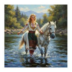 Pictura pe numere - Maria duce calul la apa 40х40 сm