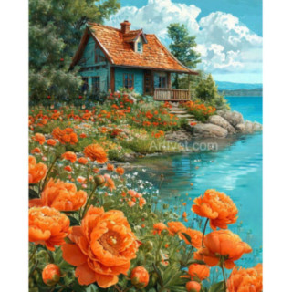 Pictura pe numere - Casuta de langa lacul cu maci