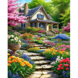 Pictura pe numere - Casa in gradina inflorita