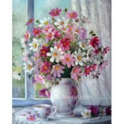 Pictura pe numere - Buchet gingas roz in vaza alba