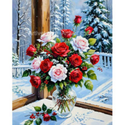 Pictura pe numere - Trandafiri la fereastra inghetata