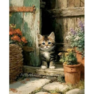 Pictura pe numere - Pisicuta in fata usii de lemn