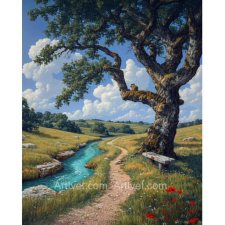 Pictura pe numere - Raul trece sub copacul batran
