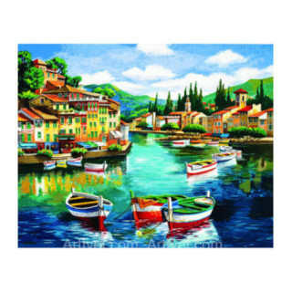 Pictura pe numere - Barci in lacul cu apa argintie