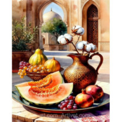 Pictura pe numere - Natura moarta cu fructe si bumbac in vase de cupru