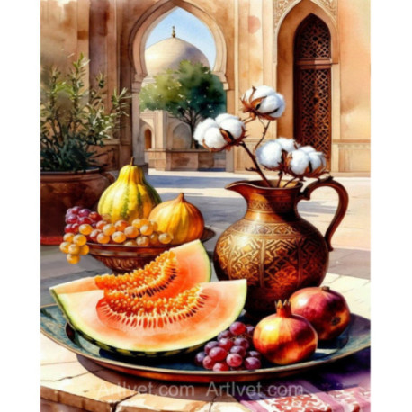 Pictura pe numere - Natura moarta cu fructe si bumbac in vase de cupru