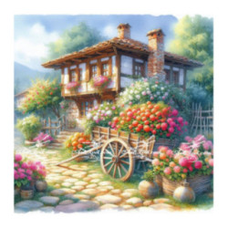 Pictura pe numere - Carul cu flori din fata casei de la tara 40х40 сm