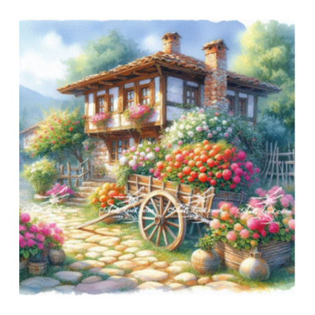 Pictura pe numere - Carul cu flori din fata casei de la tara 40х40 сm