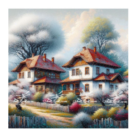 Pictura pe numere - Case cu copaci ca bumbacul 40х40 сm