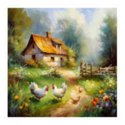 Pictura pe numere - Gaini in curtea casei din padure 40х40 сm