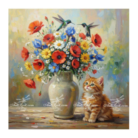 Pictura pe numere - Pisica priveste dansul colibriilor 40х40 сm