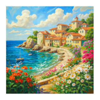 Pictura pe numere - Marea inconjurata de case si flori 40х40 сm