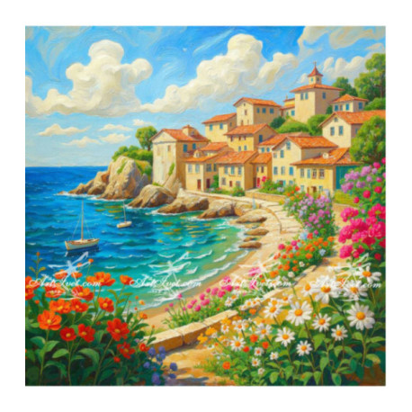 Pictura pe numere - Marea inconjurata de case si flori 40х40 сm